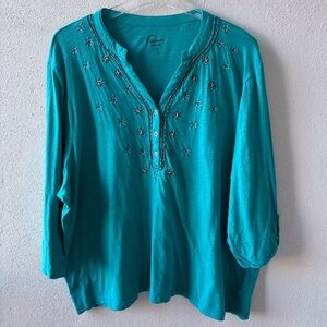 Pappagallo 3X Turquoise V-Neck 3/4‎ Sleeve Tee Embroidered Cotton Casual Buttons